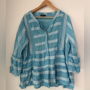 APNY Blue 3/4 Sleeve Chiffon Ruffle Button-Up Shirt Blouse Size Large